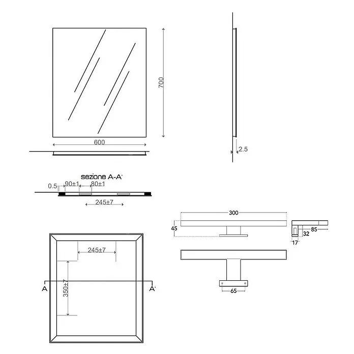 Kiamami Valentina Wandspiegel - 25 x 700 cm, Farblos - Technisches Datenblatt eines rechteckigen Badezimmerspiegels mit integrierter Beleuchtung und detaillierten Maßen, Vorder-, Seiten- und Querschnittsansichten.