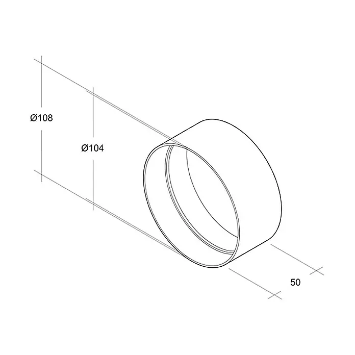 Air-Circle Rundrohr-Außenverbinder - Durchmesser: 100 mm, Weiß - Technische Zeichnung eines zylindrischen Produkts mit Durchmessern von 108 mm und 104 mm sowie einer Länge von 50 mm.