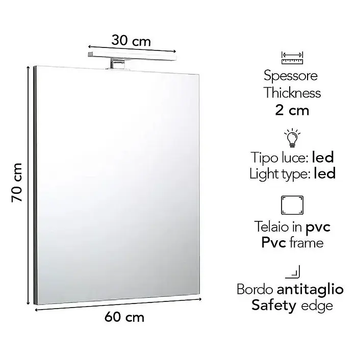 Kiamami Valentina Wandspiegel - 25 x 700 cm, Farblos - Rechteckiger Spiegel mit LED-Leuchte, 70x60 cm, 2 cm dick, PVC-Rahmen, Sicherheitskante.