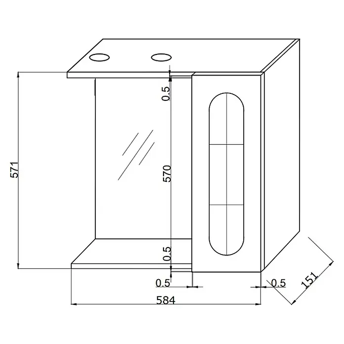 Kiamami Valentina LED-Spiegelschrank - B x H: 150 x 570 cm, Holz, Weiß - Technische Zeichnung einer Vitrine mit klarer Frontscheibe und Seitenfach, inklusive Maßen.