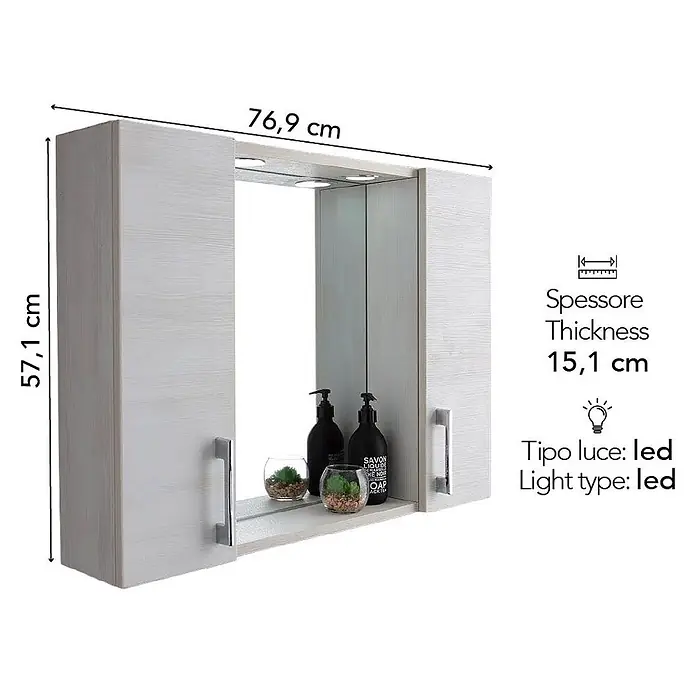 Kiamami Valentina LED-Spiegelschrank - B x H: 155 x 570 cm, Holz, Weiß - Weiß-grauer Badezimmerspiegelschrank mit Holzoptik, zentralem Spiegel, zwei Seitenfächern und LED-Beleuchtung. Maße: 76,9x57,1x15,1 cm.