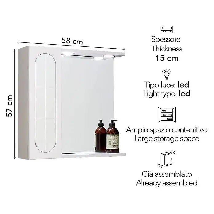 Kiamami Valentina LED-Spiegelschrank - B x H: 150 x 570 cm, Holz, Weiß - Weißer Badspiegelschrank mit LED-Beleuchtung, 58x57x15 cm, bietet viel Stauraum und ist vormontiert.