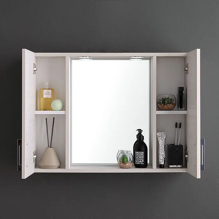 Kiamami Valentina LED-Spiegelschrank - B x H: 155 x 570 cm, Holz, Weiß - Heller Holz-Badezimmerschrank mit zentralem Spiegel und offenen Seitenfächern für Toilettenartikel.