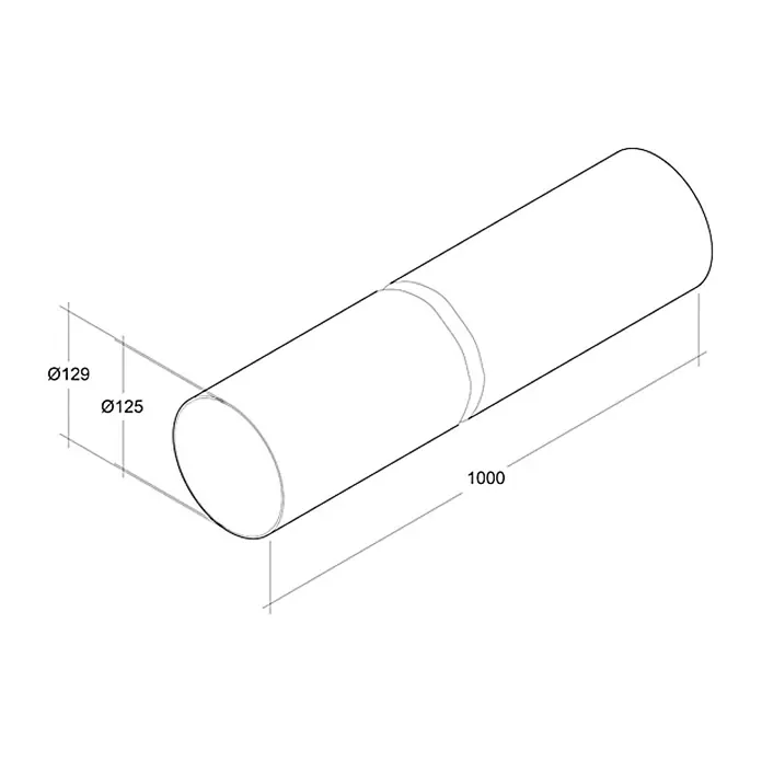 Air-Circle PVC-Rundrohr - Ø x L: 125 mm x 1 m, Max. Luftleistung: 600 m³/h - Abbildung eines zylindrischen Produkts mit den Maßen Ø125/Ø129 und einer Länge von 1000.