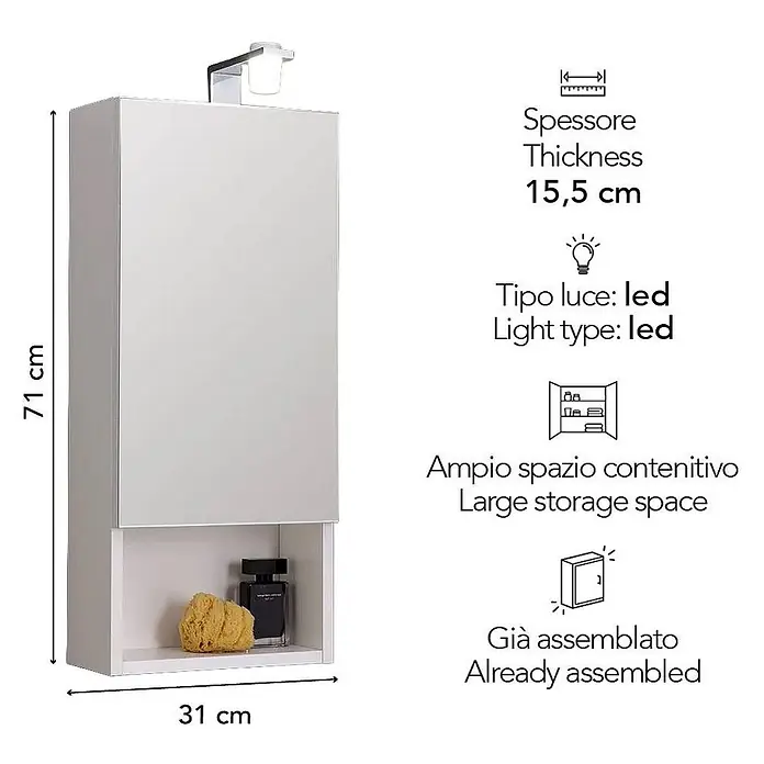 Kiamami Valentina LED-Spiegelschrank - B x H: 155 x 710 cm, Holz, Weiß - Weißer Wandschrank mit Spiegeltür, offenem Regal und integrierter LED-Beleuchtung.