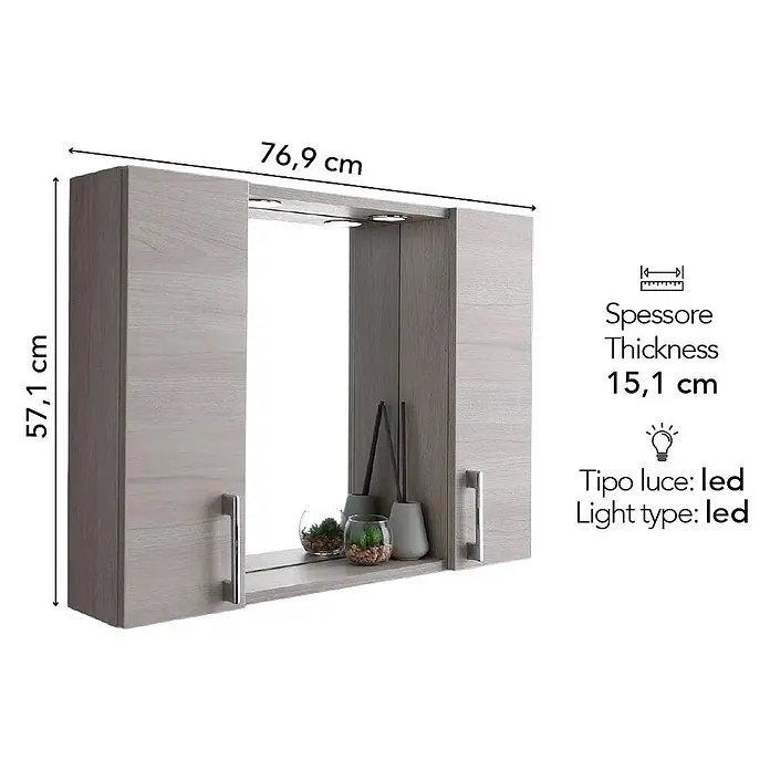 Kiamami Valentina LED-Spiegelschrank - B x H: 155 x 570 cm, Holz, Hellgrau - Hellgrauer Spiegelschrank mit Holzoptik für das Bad, mit zwei Seitentüren und integrierten LED-Leuchten.