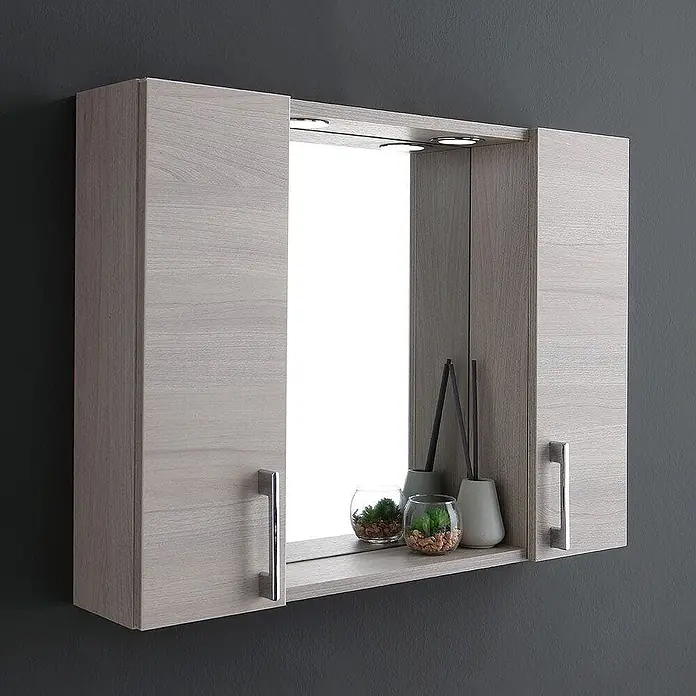 Kiamami Valentina LED-Spiegelschrank - B x H: 155 x 570 cm, Holz, Hellgrau - Wandmontierter Spiegelschrank in heller Holzoptik mit Seitenablage und LED-Beleuchtung.