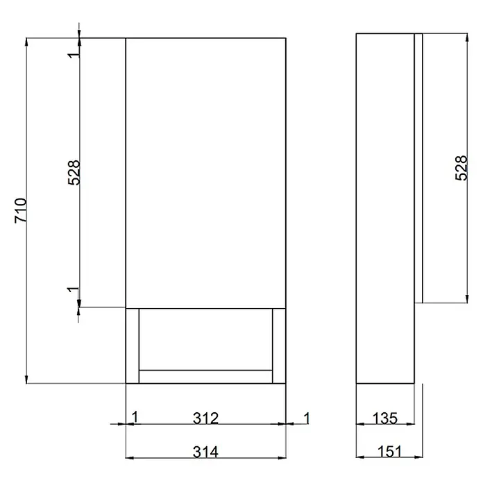 Kiamami Valentina LED-Spiegelschrank - B x H: 155 x 710 cm, Holz, Weiß - Technische Zeichnung einer rechteckigen Lagereinheit mit Vorder- und Seitenansicht und präzisen Maßen, einschließlich eines unteren offenen Fachs.