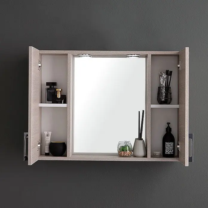 Kiamami Valentina LED-Spiegelschrank - B x H: 155 x 570 cm, Holz, Hellgrau - Hölzerner Spiegelschrank mit offenen Regalen, integrierter Beleuchtung für Toilettenartikel.