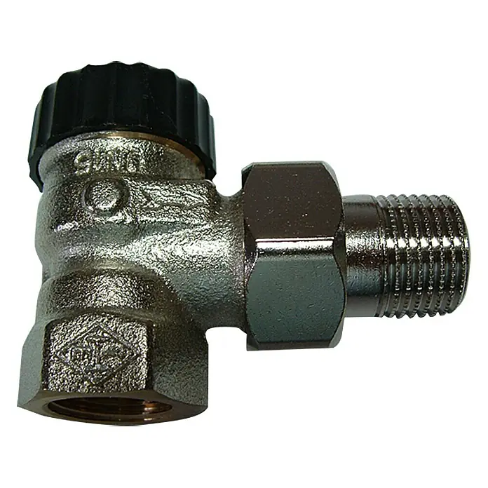Heimeier Thermostatventil-Set - ½″, Eckventil, ½″ - Nahaufnahme eines Heizkörperventils mit schwarzem Drehknopf, das für die Regulierung der Wärme in Heizsystemen verwendet wird.