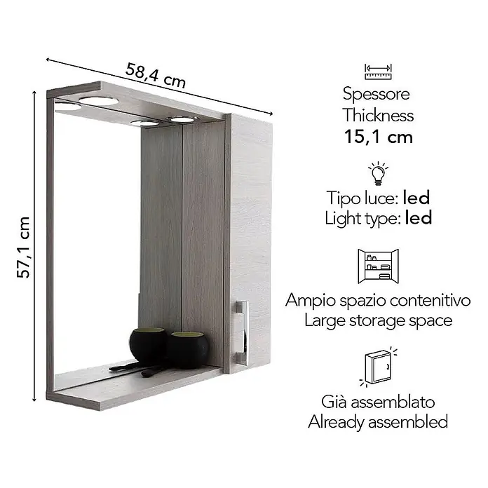 Kiamami Valentina LED-Spiegelschrank - B x H: 155 x 570 cm, Holz, Hellgrau - Wandhängender Spiegelschrank in heller Holzoptik mit LED-Leuchten, Ablage und Seitenstauraum. Maße: 58,4B x 57,1H x 15,1T cm.