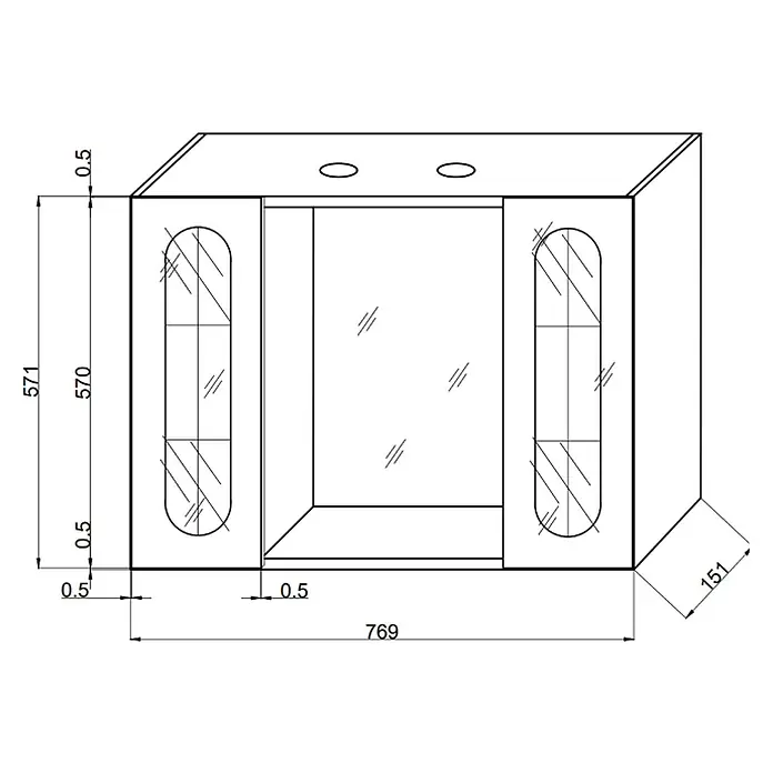 Kiamami Valentina LED-Spiegelschrank - B x H: 155 x 570 cm, Holz, Weiß - Technischer Plan eines Hängeschranks mit zwei Glastüren und offenem Mittelfach.