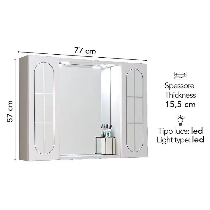 Kiamami Valentina LED-Spiegelschrank - B x H: 155 x 570 cm, Holz, Weiß - Weißer Bad-Spiegelschrank mit zwei Seitenschränken, zentralem Spiegel und LED-Beleuchtung. Maße: 77x57x15,5 cm.