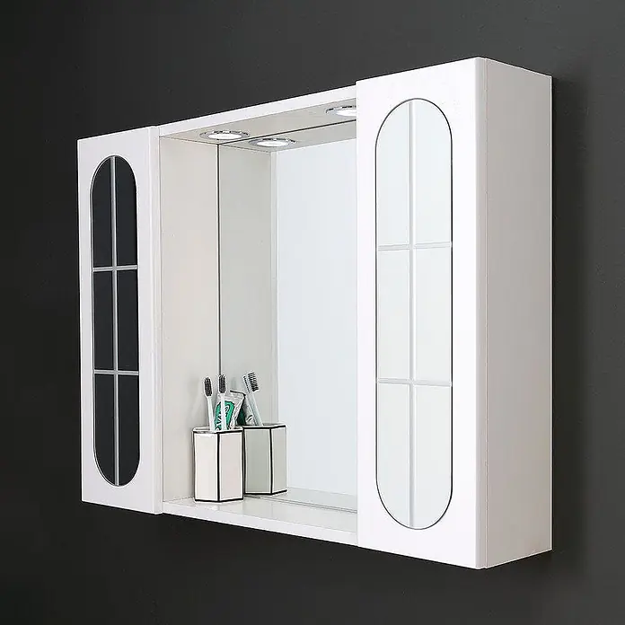 Kiamami Valentina LED-Spiegelschrank - B x H: 155 x 570 cm, Holz, Weiß - Weißer wandmontierter Badezimmerschrank mit Spiegeltüren, integrierter Beleuchtung und Ablagefach.