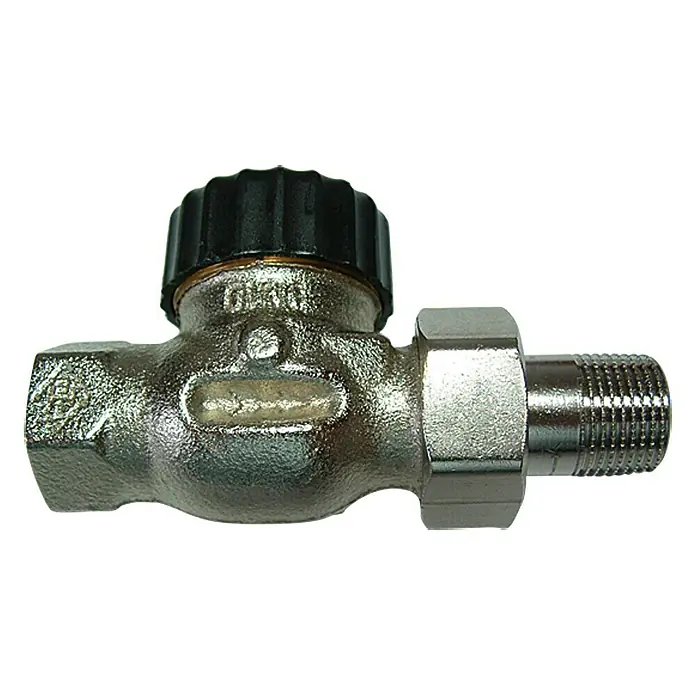 Heimeier Thermostatventil-Set - ½″, Durchgangsventil, ½″ - Nahaufnahme eines Heizkörperventils mit schwarzem Drehknopf, glänzenden Metallteilen und Gewindeanschluss. Zur präzisen Wärmeregulierung.