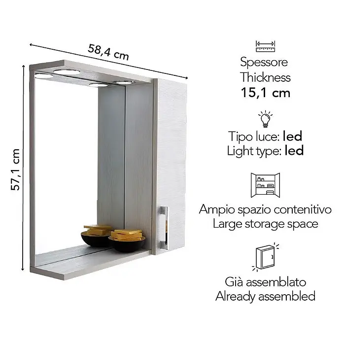 Kiamami Valentina LED-Spiegelschrank - B x H: 155 x 570 cm, Weiß - Helles Holzspiegel-Schrank mit LED-Beleuchtung und Seitenfach, Maße 58,4x57,1x15,1 cm.