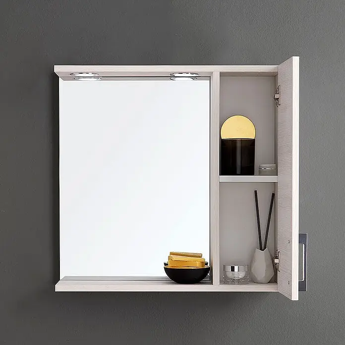 Kiamami Valentina LED-Spiegelschrank - B x H: 155 x 570 cm, Weiß - Wandhängender Spiegelschrank aus hellem Holz mit integrierter LED-Beleuchtung, offenen Fächern und Seitenstauraum.