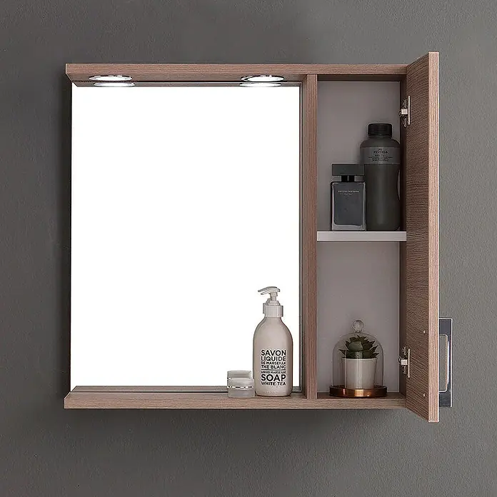 Kiamami Valentina LED-Spiegelschrank - B x H: 155 x 570 cm, Holz, Braun - Wandmontierter Spiegelschrank aus Holz mit integrierter Beleuchtung und offenem Seitenregal.