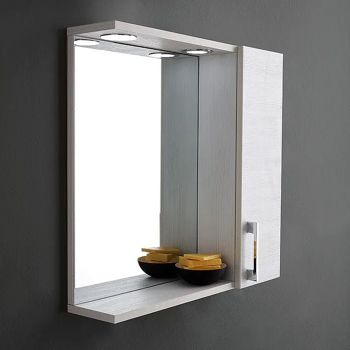 Kiamami Valentina LED-Spiegelschrank - B x H: 155 x 570 cm, Weiß - Weißer Spiegelschrank in Holzoptik mit Oberlichtern, einem Seitenschrank und einer unteren Ablage.