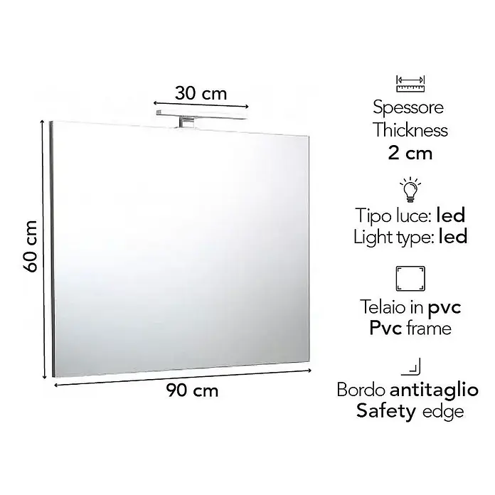 Kiamami Valentina Lichtspiegel - 20 x 600 cm, Farblos - Rechteckiger Spiegel (90x60 cm) mit 30 cm LED-Beleuchtung, PVC-Rahmen und Sicherheitskante.