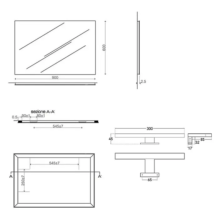 Kiamami Valentina Lichtspiegel - 20 x 600 cm, Farblos - Technische Zeichnung eines rechteckigen Spiegels mit integrierten Komponenten und einer separaten Wandablage, mit Maßen.