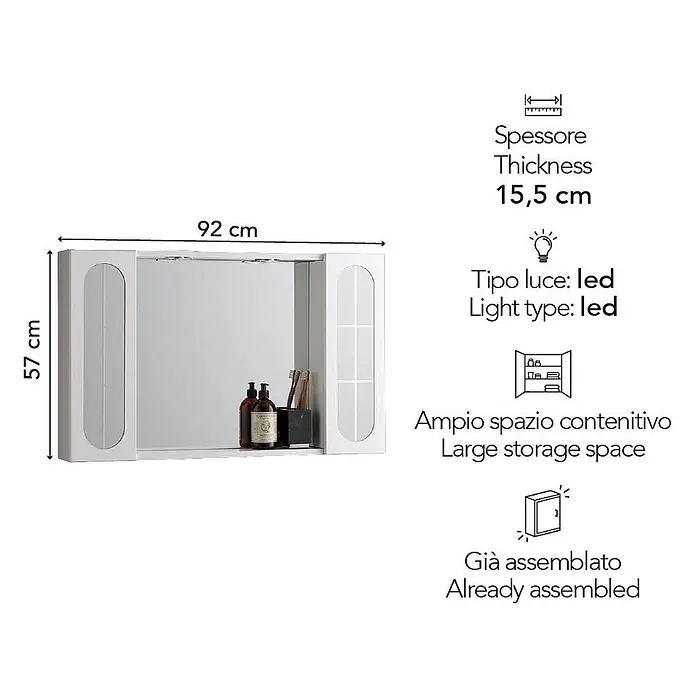 Kiamami Valentina LED-Spiegelschrank - B x H: 155 x 570 cm, Holz, Weiß - Weißer Spiegelschrank für Badezimmer mit LED-Beleuchtung, 92x57x15,5 cm, bietet viel Stauraum, fertig montiert.