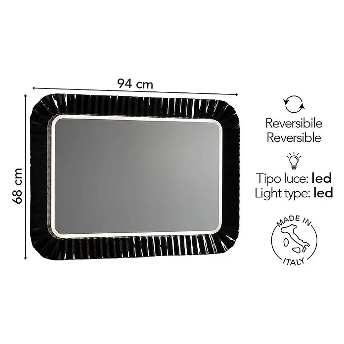 Kiamami Valentina Lichtspiegel - 0,02 x 680 cm, Schwarz - Rechteckiger Spiegel mit schwarzem Rüschenrahmen und LED-Licht, 94x68 cm, wendbar.