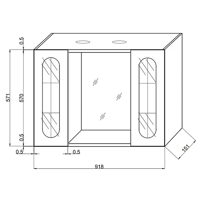 Kiamami Valentina LED-Spiegelschrank - B x H: 155 x 570 cm, Holz, Weiß - Technische Zeichnung eines Wandspiegelschrankes mit Mittelspiegel und zwei Seitentüren. Maße: 918x571x151 mm.