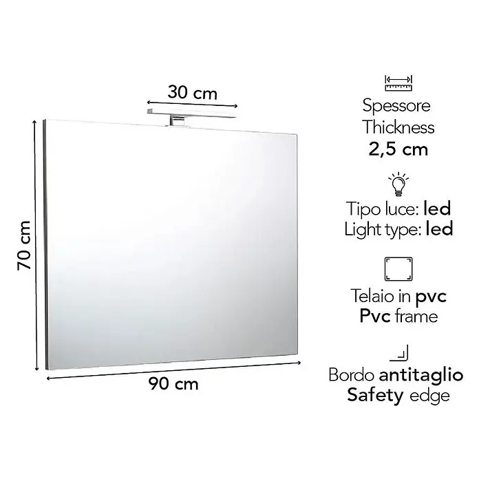 Kiamami Valentina Lichtspiegel - 25 x 700 cm, Farblos - Rechteckiger Spiegel mit 30 cm LED-Beleuchtung, 90x70x2,5 cm. Mit PVC-Rahmen und Sicherheitskante.