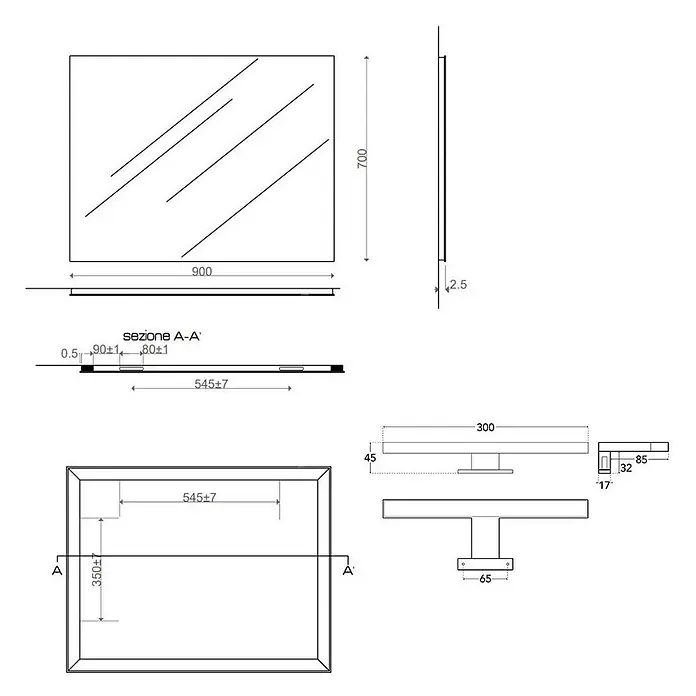 Kiamami Valentina Lichtspiegel - 25 x 700 cm, Farblos - Technisches Diagramm eines rahmenlosen Rechteckspiegels (900x700mm) mit Wandmontagedetails und Metallhalterung.