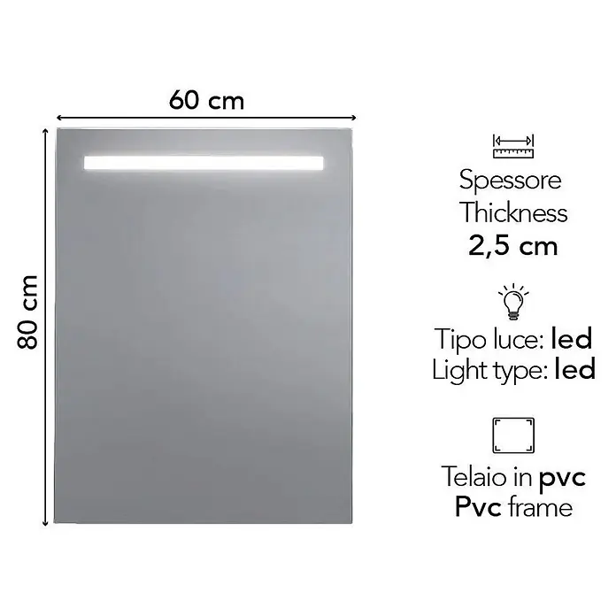 Kiamami Valentina Lichtspiegel - 25 x 800 cm, Farblos - Rechteckiger Spiegel mit integrierter LED-Beleuchtung, 60x80 cm, und PVC-Rahmen.