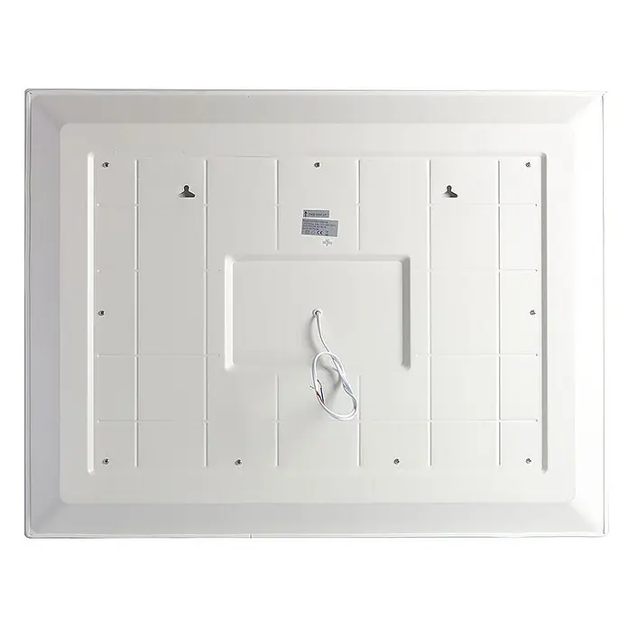 Kiamami Valentina Lichtspiegel - 0,02 x 700 cm, Farblos - Rückansicht einer weißen rechteckigen LED-Panel-Leuchte oder eines Spiegels mit Befestigungshaken, Schrauben und elektrischer Verkabelung.