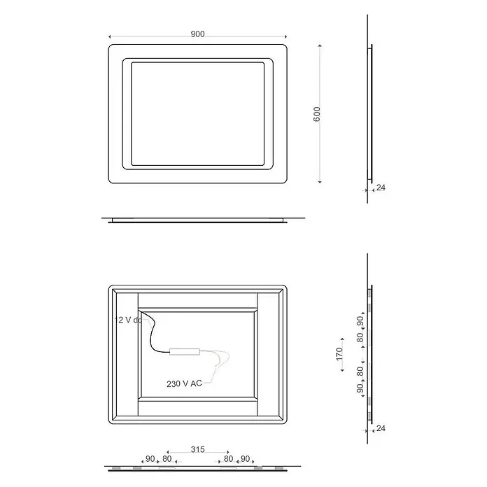 Kiamami Valentina Lichtspiegel - 0,02 x 600 cm, Farblos - Technische Zeichnung eines rechteckigen beleuchteten Spiegels, 900x600x24mm, mit internen elektrischen Komponenten.