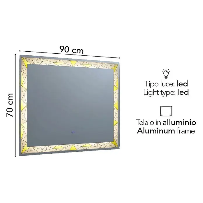 Kiamami Valentina Lichtspiegel - 0,02 x 700 cm, Farblos - Rechteckiger LED-Spiegel mit Aluminiumrahmen, 90 cm breit x 70 cm hoch.