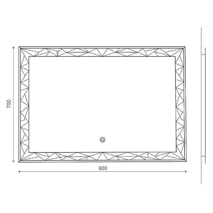Kiamami Valentina Lichtspiegel - 0,02 x 700 cm, Farblos - Technisches Datenblatt eines rechteckigen Spiegels mit geometrischem Rahmen, Touch-Schalter und Maßen 900x700mm.