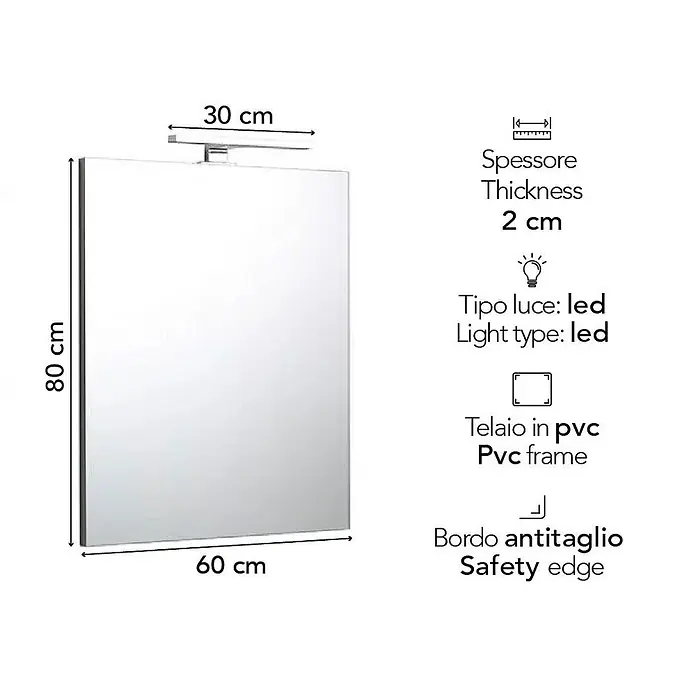 Kiamami Valentina Lichtspiegel - 20 x 600 cm, Farblos - Rechteckiger LED-Badezimmerspiegel mit PVC-Rahmen und Sicherheitskante, 80x60 cm.