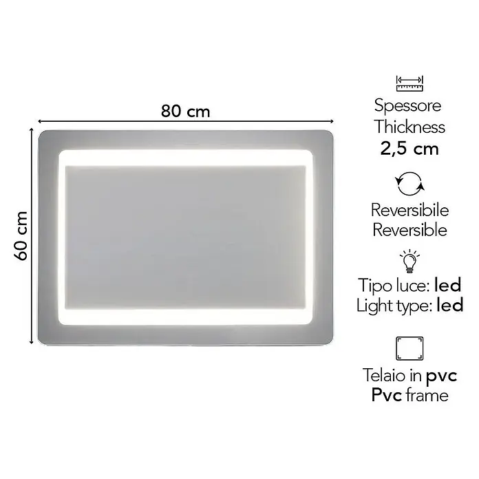 Kiamami Valentina Lichtspiegel - 25 x 800 cm, Farblos - Rechteckiger LED-Spiegel mit PVC-Rahmen, 80x60 cm, 2,5 cm dick, wendbar.
