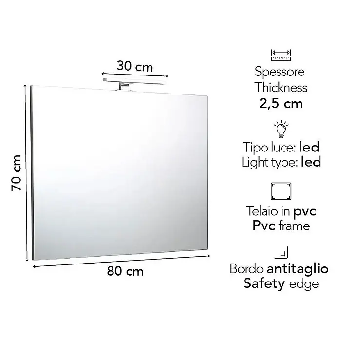 Kiamami Valentina Lichtspiegel - 25 x 700 cm, Farblos - Rechteckiger Spiegel (70x80 cm) mit 30 cm LED-Lichtleiste, 2,5 cm Dicke und PVC-Rahmen mit Sicherheitskante.