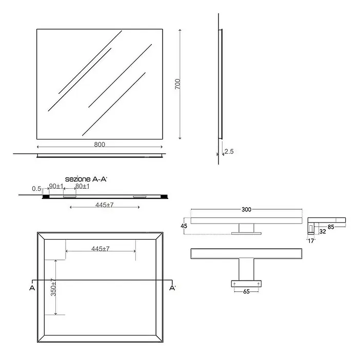 Kiamami Valentina Lichtspiegel - 25 x 700 cm, Farblos - Technische Zeichnung eines rechteckigen rahmenlosen Spiegels (800x700mm, 2,5mm dick) mit separater wandmontierter LED-Leuchte (300mm breit).