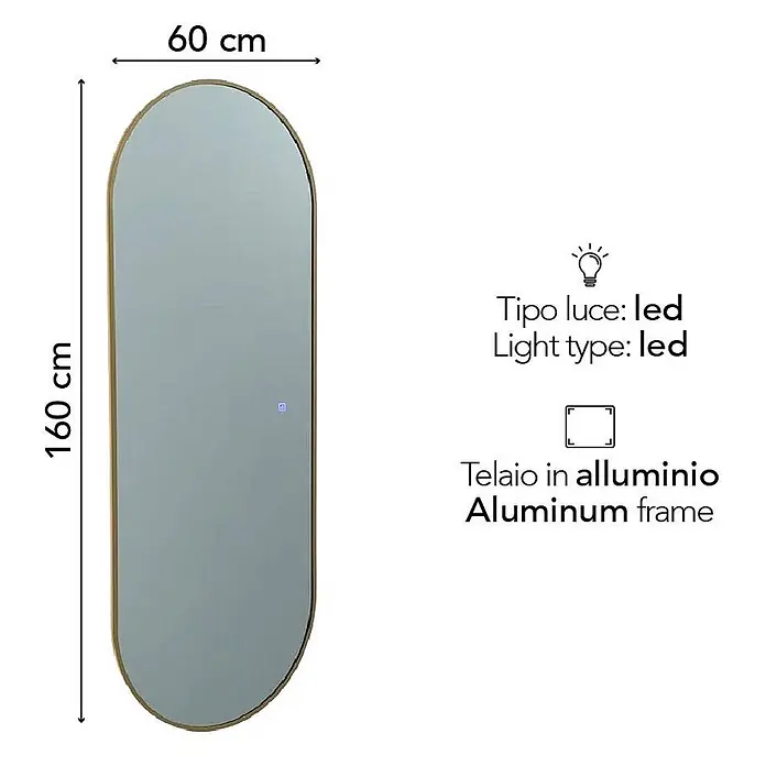 Kiamami Valentina Lichtspiegel - 0,02 x 1.600 cm, Farblos - 160x60 cm ovales LED-Spiegel mit Aluminiumrahmen.