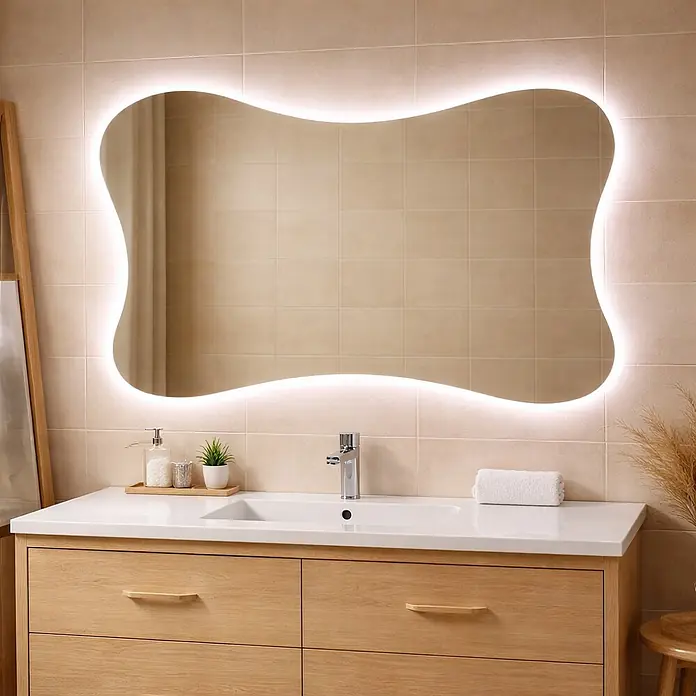 Kiamami Valentina Lichtspiegel - 25 x 900 cm, Farblos - Ein unregelmäßig geformter, LED-beleuchteter Spiegel über einem hellen Holzwaschtisch mit weißem Waschbecken.