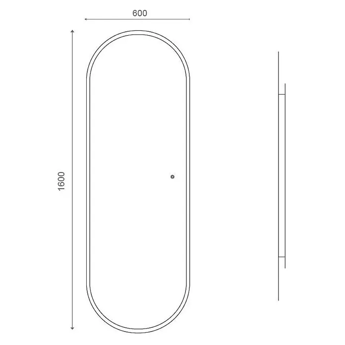 Kiamami Valentina Lichtspiegel - 0,02 x 1.600 cm, Farblos - Technische Zeichnung eines 1600x600mm ovalen Spiegels, zeigt Front- und dünne Seitenansicht.