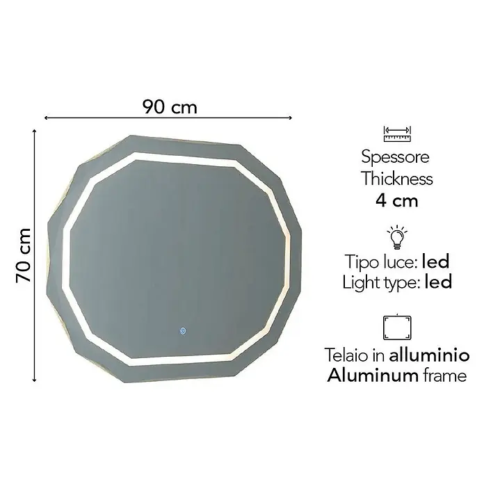 Kiamami Valentina Lichtspiegel - 0,02 x 710 cm, Farblos - Achteckiger LED-Spiegel mit Aluminiumrahmen, 90x70 cm.
