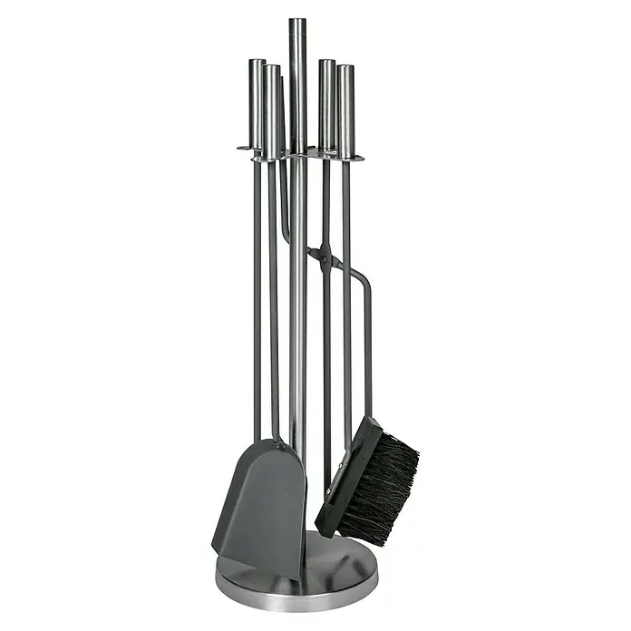 Lienbacher Kamingarnitur - 4 -tlg., Stahl/Edelstahl, Höhe: 65 cm - Ein Kaminbesteck aus Metall mit Schaufel, Besen und Halterung. Das Set ist elegant und praktisch für jeden Kamin.