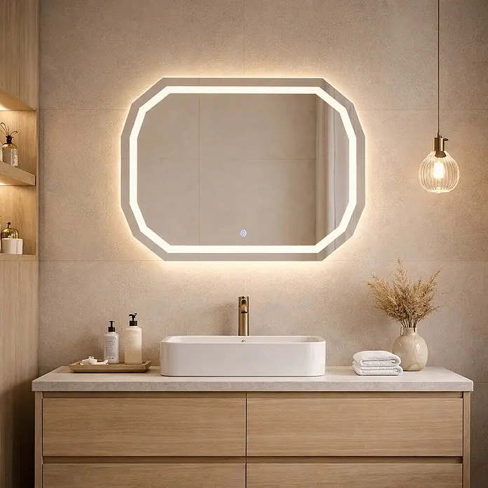 Kiamami Valentina Lichtspiegel - 0,02 x 710 cm, Farblos - Achteckiger LED-Spiegel mit warmer Hintergrundbeleuchtung über einem weißen Waschbecken und Holzwaschtisch in einem modernen Badezimmer.
