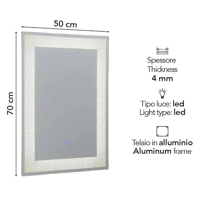 Kiamami Valentina Lichtspiegel - 0,02 x 700 cm, Farblos - Rechteckiger LED-Spiegel mit Aluminiumrahmen, 50x70 cm, 4 mm dick, mit integrierter LED-Beleuchtung.