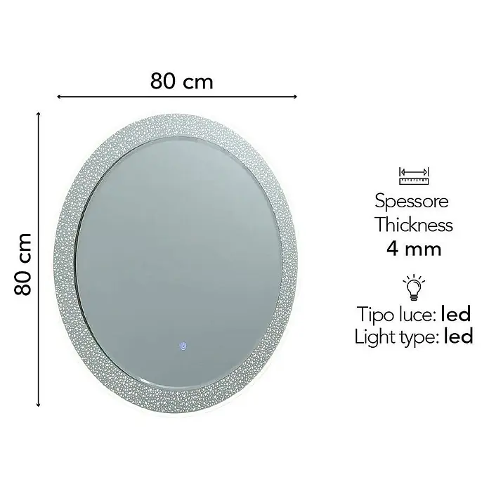 Kiamami Valentina Lichtspiegel - 0,02 x 800 cm, Farblos - Runder LED-Spiegel, 80 cm Durchmesser, mit dekorativem Strukturband und 4 mm Dicke.