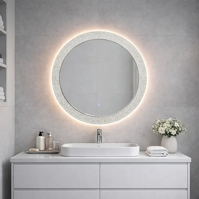 Kiamami Valentina Lichtspiegel - 0,02 x 800 cm, Farblos - Runder LED-Badezimmerspiegel mit funkelndem, dekorativem Rahmen über einem modernen Waschtisch.