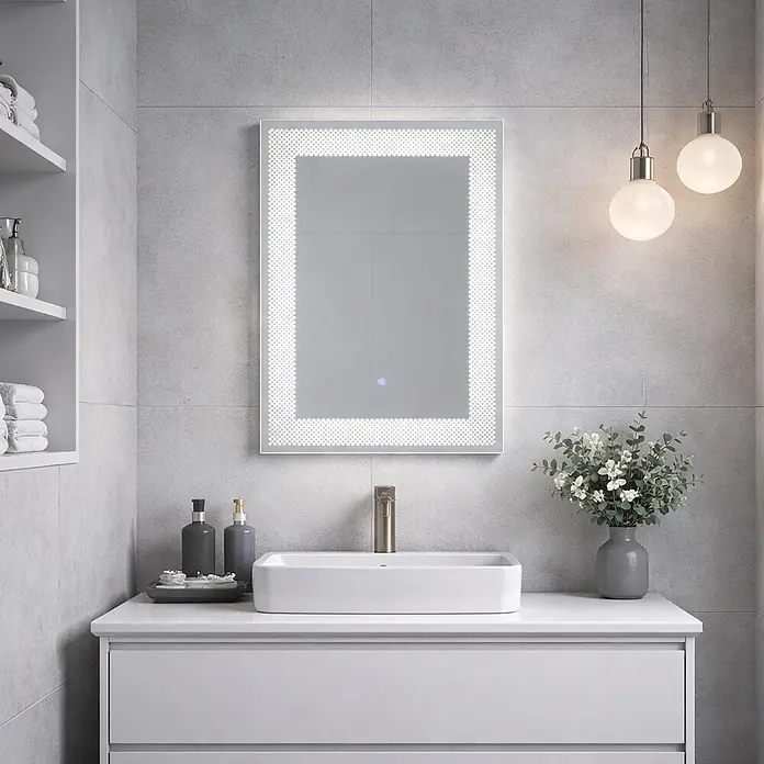 Kiamami Valentina Lichtspiegel - 0,02 x 700 cm, Farblos - Rechteckiger LED-Badezimmerspiegel mit integrierter Beleuchtung und Touchsensor, über einem Waschbecken montiert.