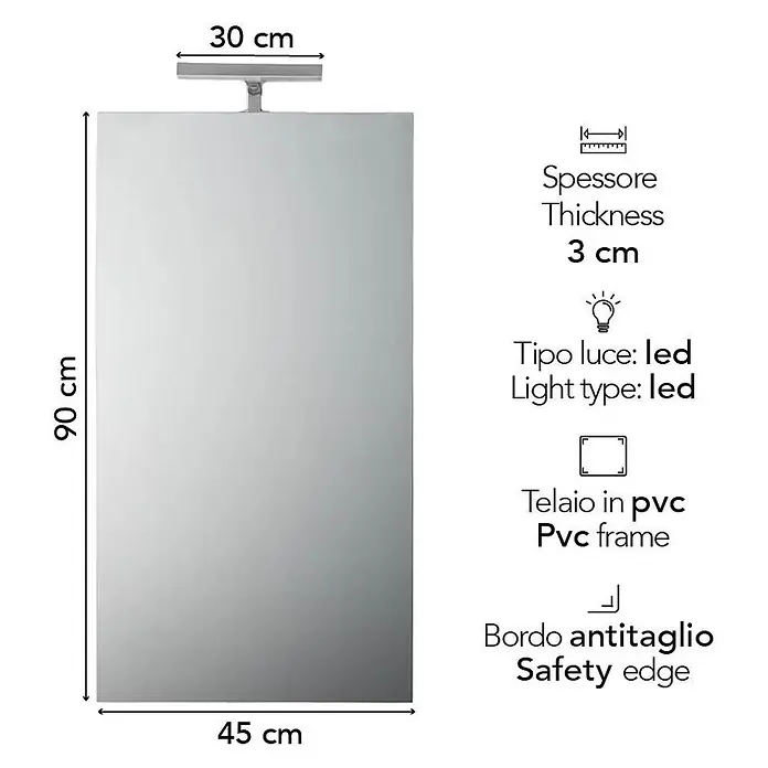 Kiamami Valentina Lichtspiegel - 30 x 900 cm, Farblos - Rechteckiger Spiegel mit LED-Lichtleiste, 90x45 cm, 3 cm dick, PVC-Rahmen, Sicherheitskante.